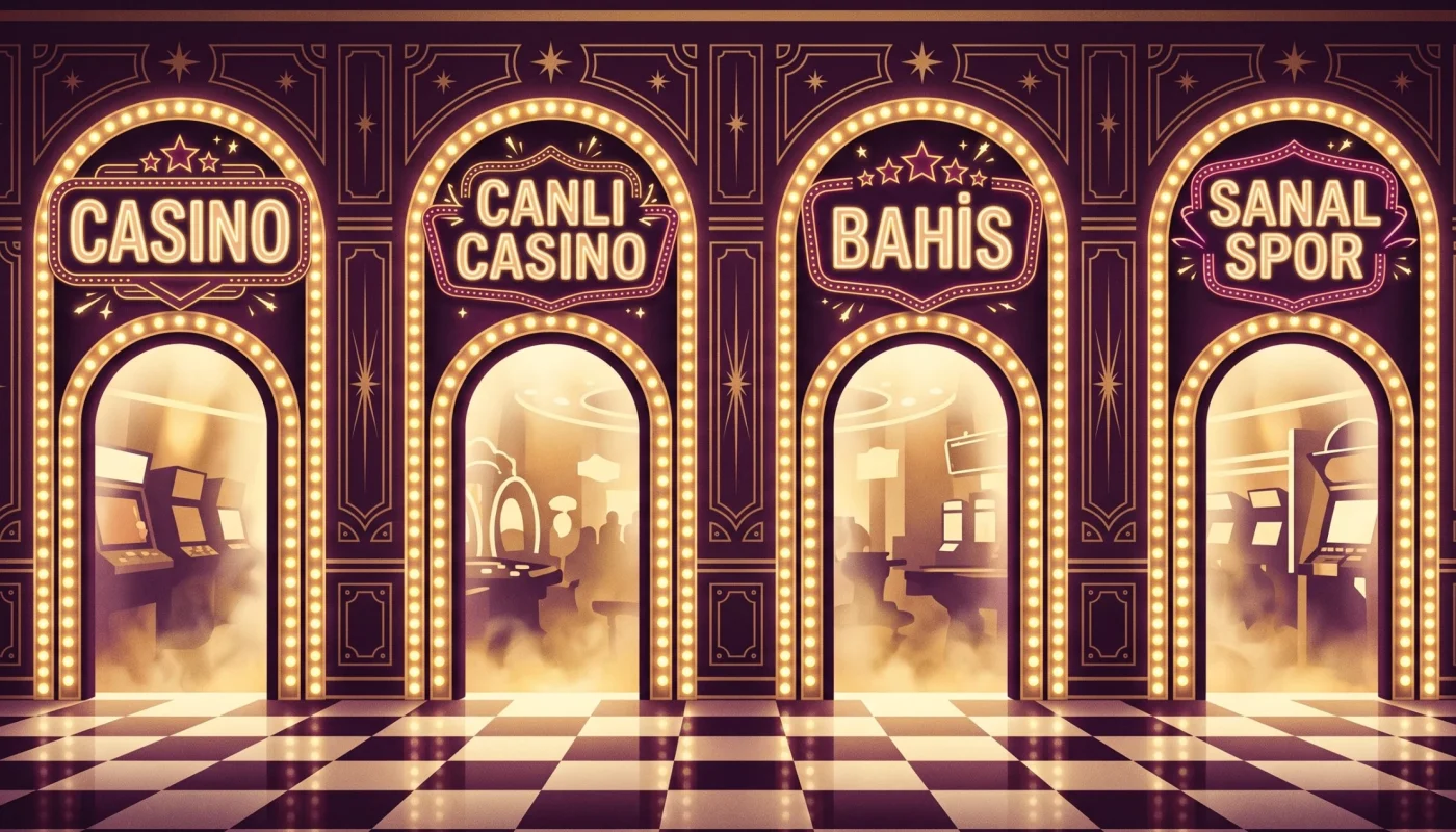 DaVegas oyunu lobisinde Casino, Canlı Casino, Bahis ve Sanal Spor tabelalı dört ışıklı kapı
