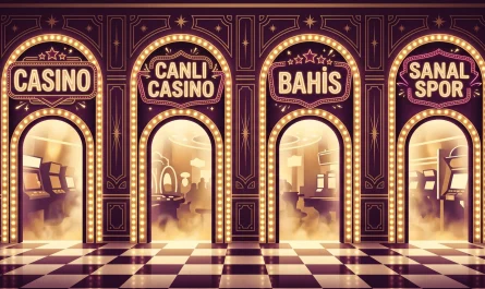 DaVegas oyunu lobisinde Casino, Canlı Casino, Bahis ve Sanal Spor tabelalı dört ışıklı kapı