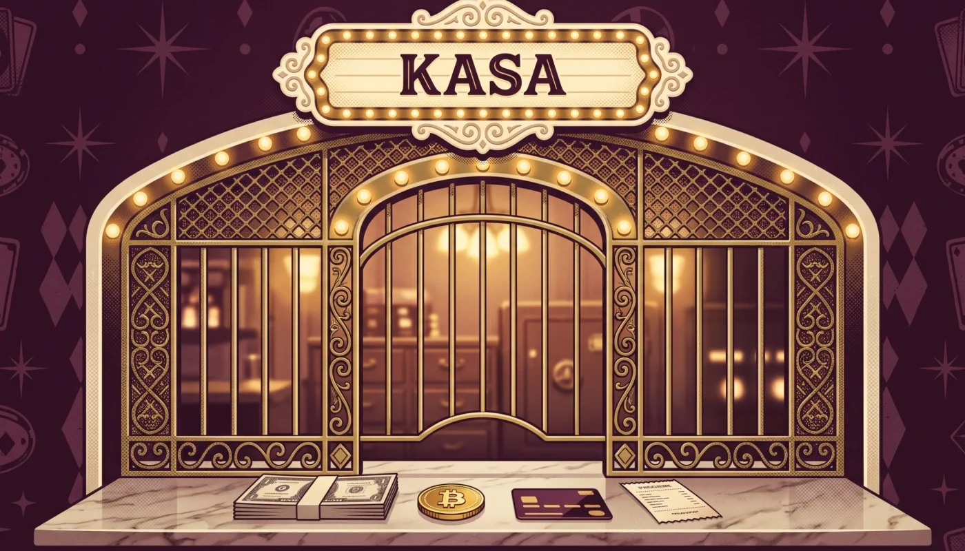 DaVegas para yatırma kasasında banknot, kripto para, kredi kartı ve makbuz duran mermer tezgâh