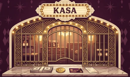 DaVegas para yatırma kasasında banknot, kripto para, kredi kartı ve makbuz duran mermer tezgâh