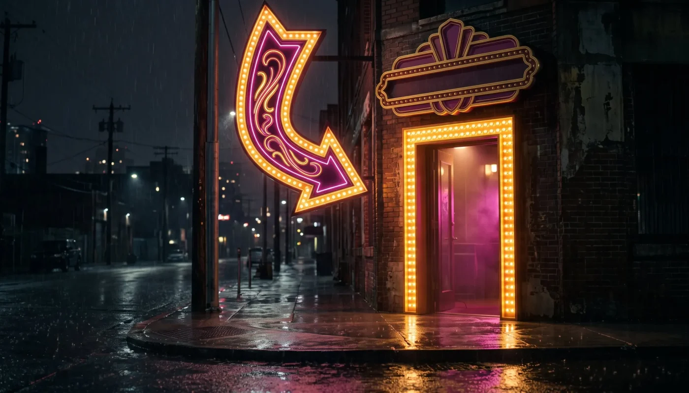 DaVegas yeni adresi için ışıklı kapıyı gösteren neon ok tabelası